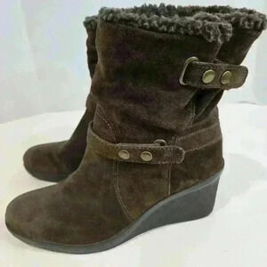 Nine West Leather Suede Ankle Boots Women's Size 6M Wedge Heels Faux Fur lined